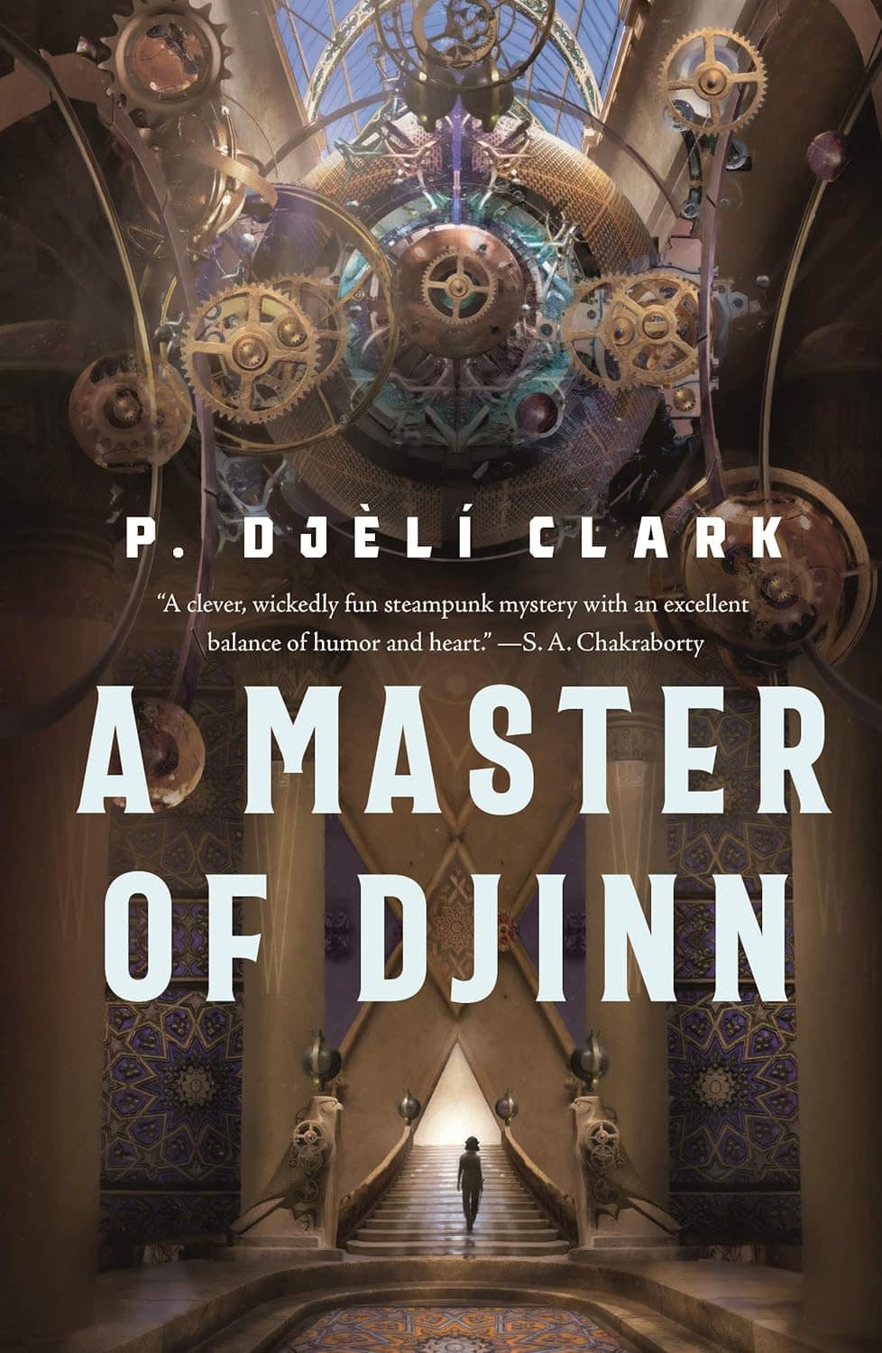 Book cover showing an ornate hallway with a clockwork device overhead