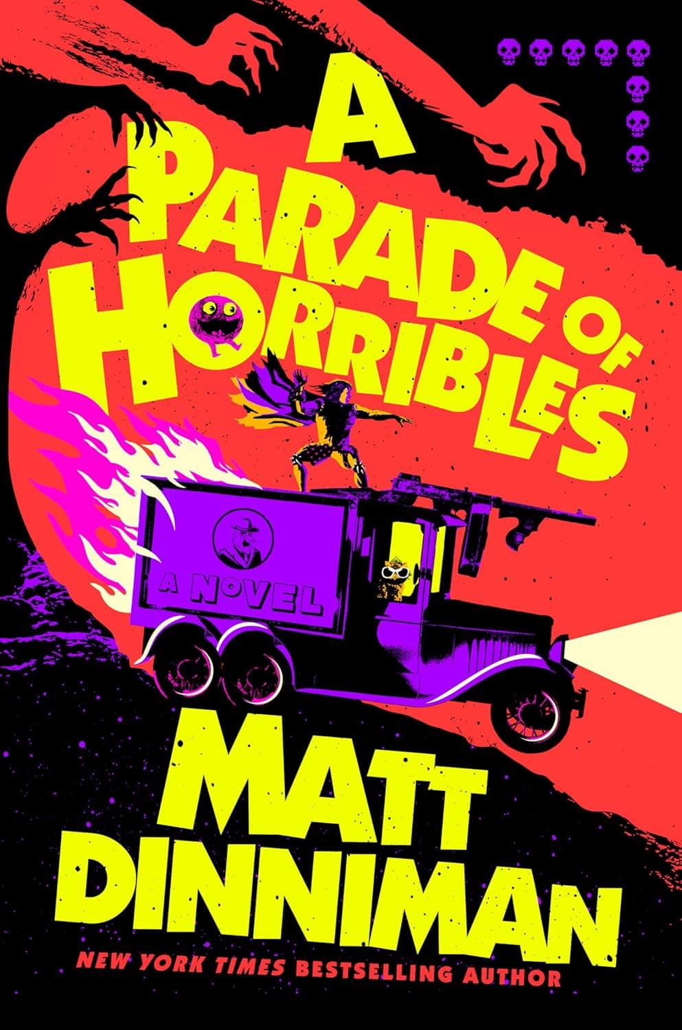 Brightly colored book cover showing a man riding on top of a truck being driven by a cat