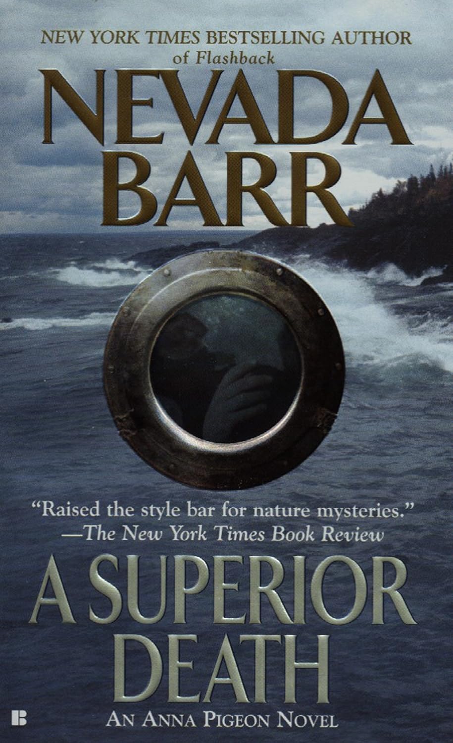 Book cover depicting a storm-tossed coastline with a porthole superimposed over it showing a person