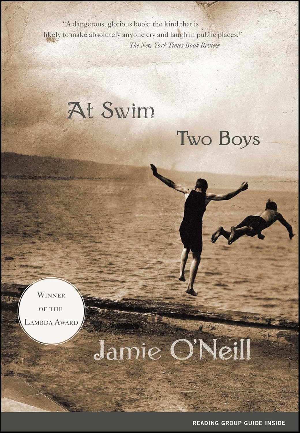 Book cover showing a sepia photograph of 2 boys jumping into the ocean