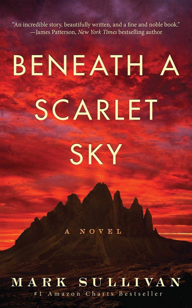 Book cover showing a dark mountain silhouetted against a bright red sunset