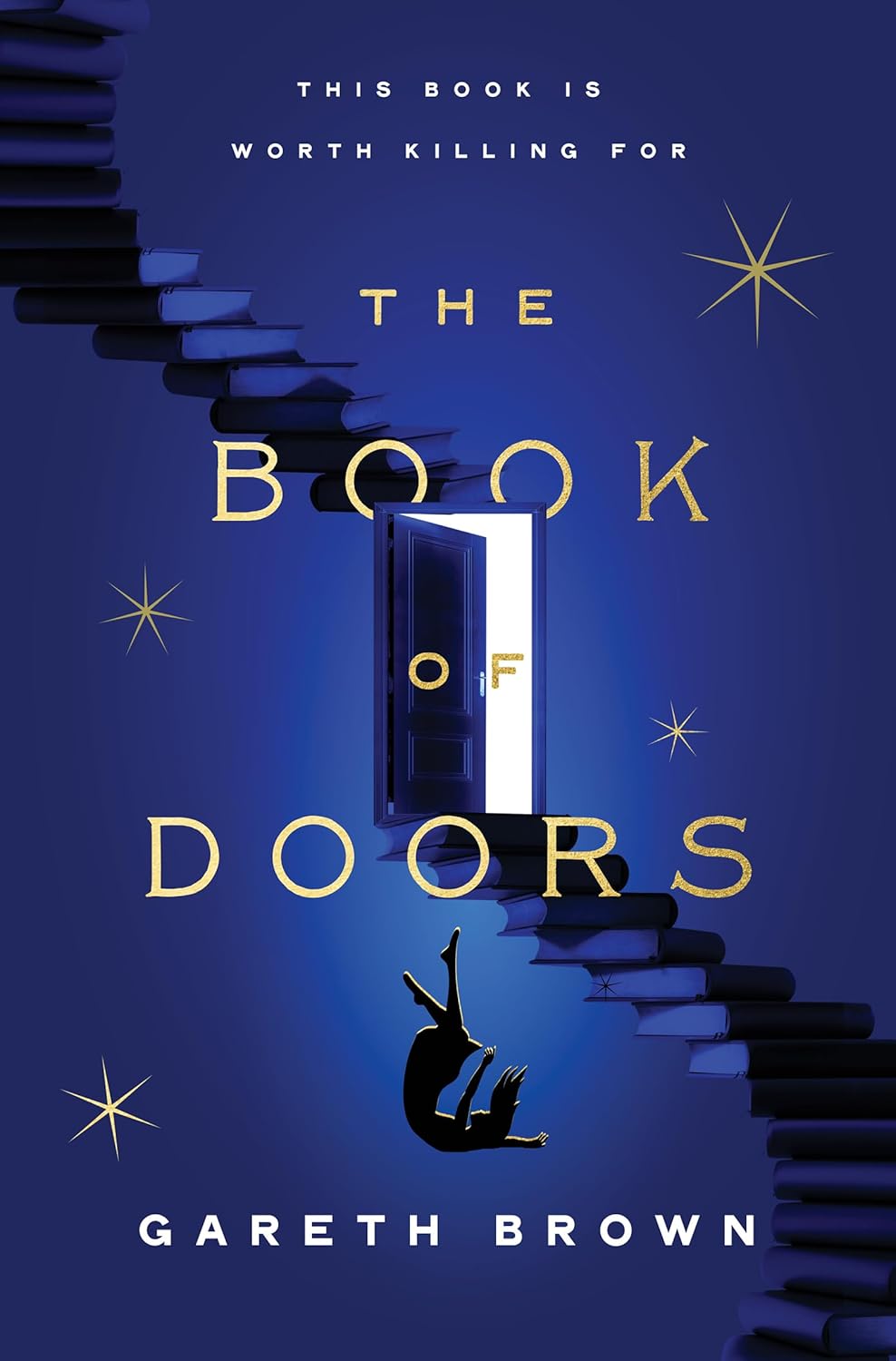 Blue book cover showing a winding staircase made of books and a girl falling through a door in the middle