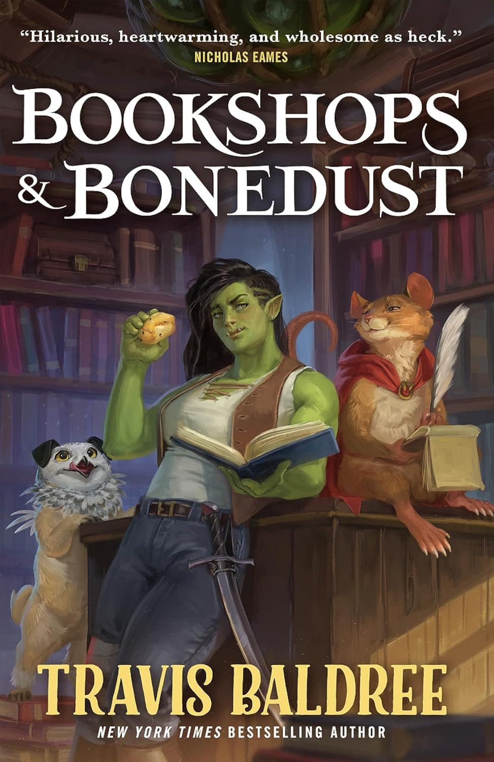 Book cover showing a female orc, an anthropomorphic rat, and a pug / owl hybrid surrounded by bookshelves