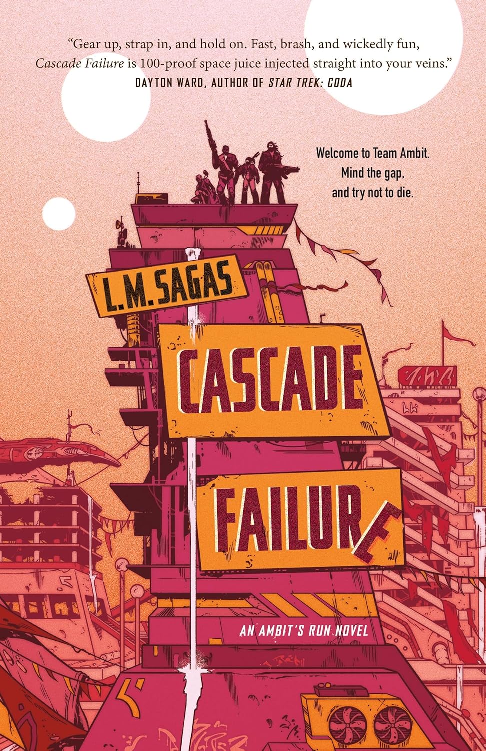 Red-hued book cover showing armed figures atop a decaying metal structure