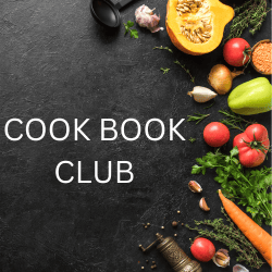 Vegetables, leafy greens, and cooking implements circling text reading "Cookbook Club"
