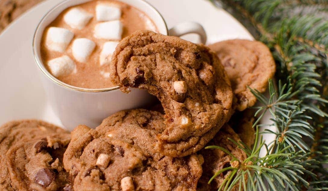 Chocolate smores cookies and a mug of cocoa with mini marshmallows