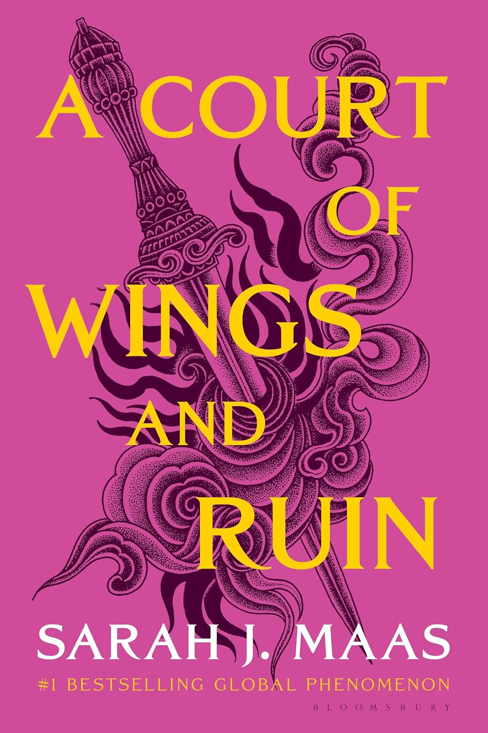 Pink book cover with a black linework design of a sword with swirls around it