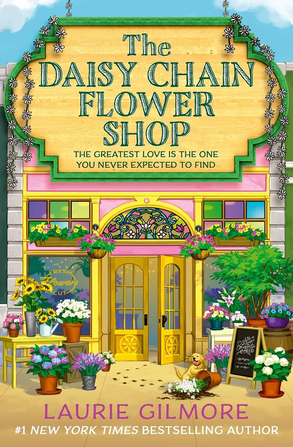 Book cover depicting a pastel colored flower shop with its door ajar