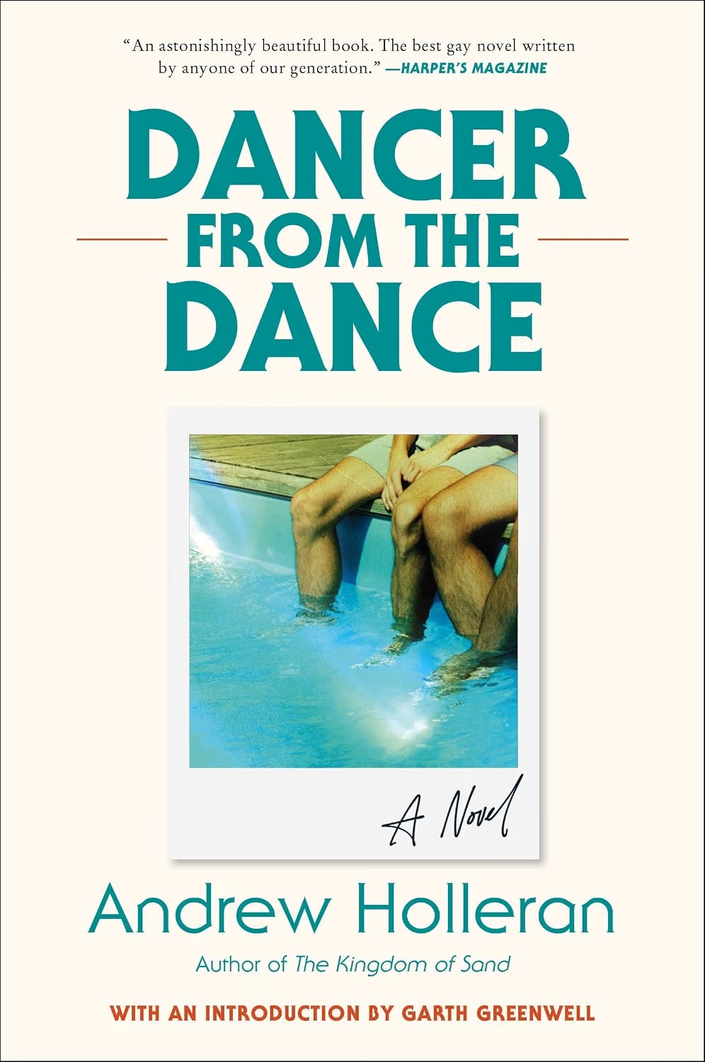 White book cover showing a Polaroid of men's legs dangling into a pool