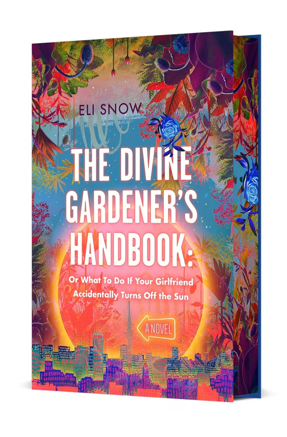 Book cover showing a vibrant garden surrounding a multi-colored cityscape