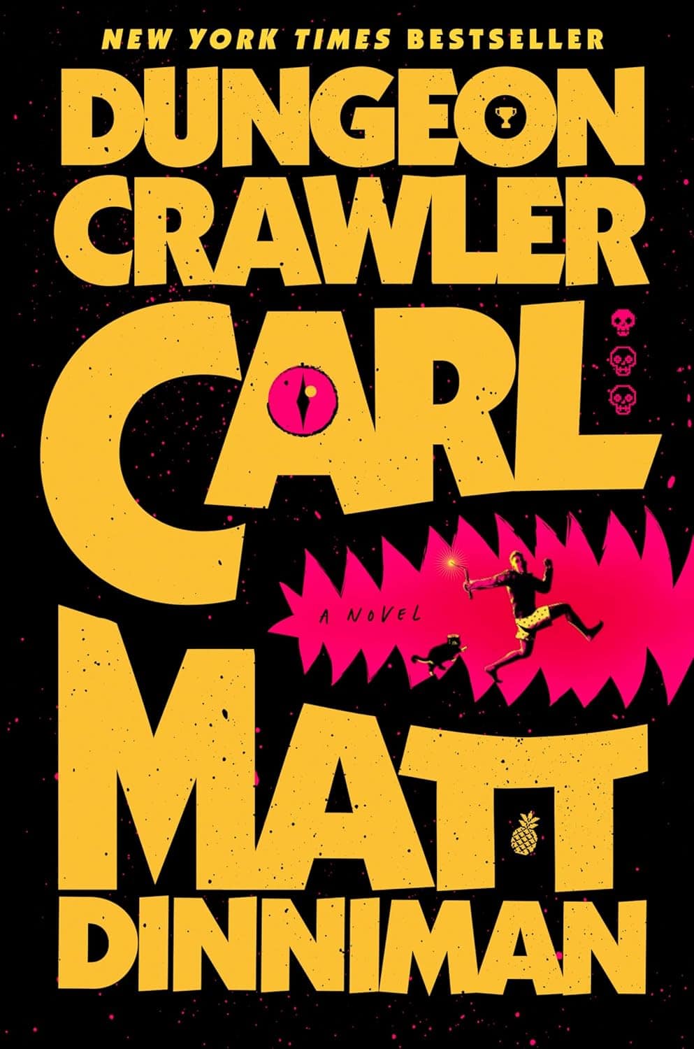 Black book cover with graphic neon letters and a running man and cat
