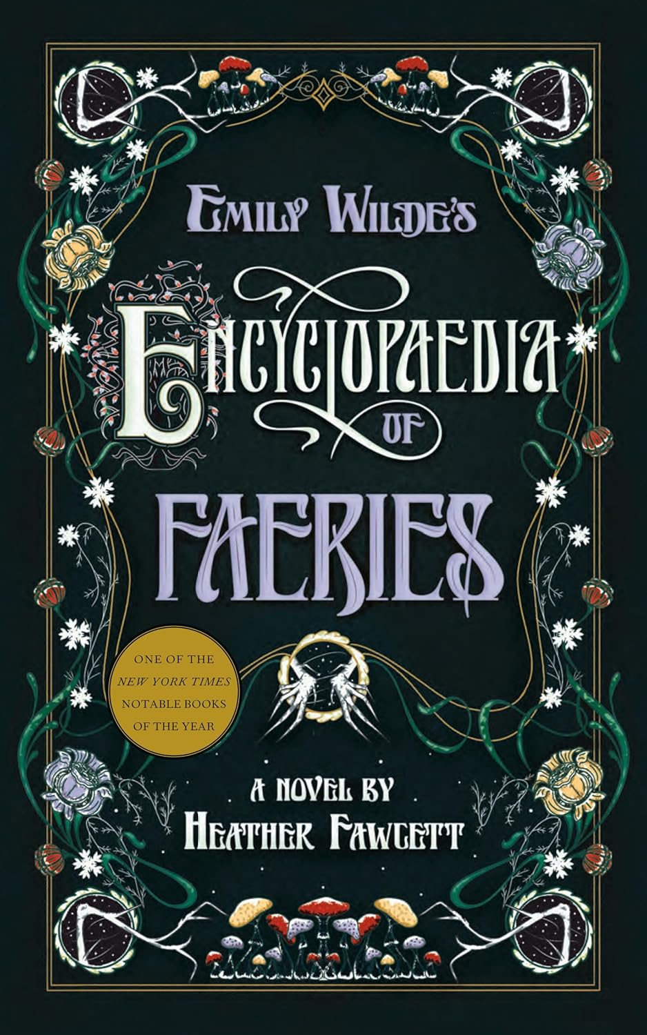 Black book cover with a border of flowers and mushrooms surrounding the title