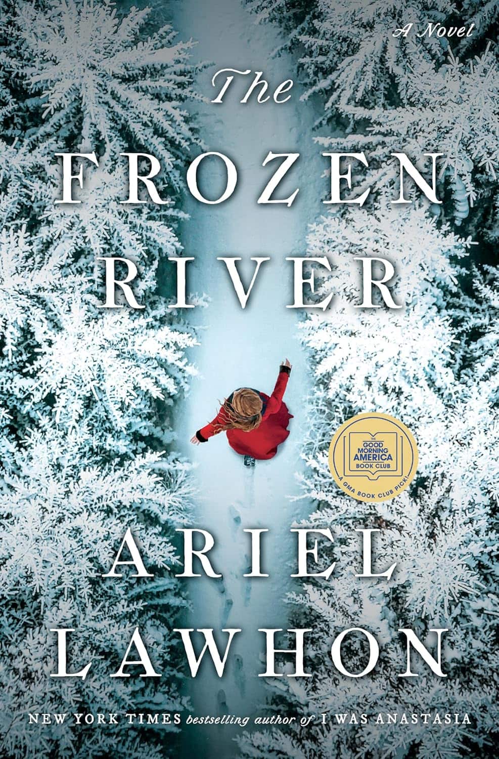 Book cover showing a woman in a red coat walking along a snow-covered path surrounded by snowy trees