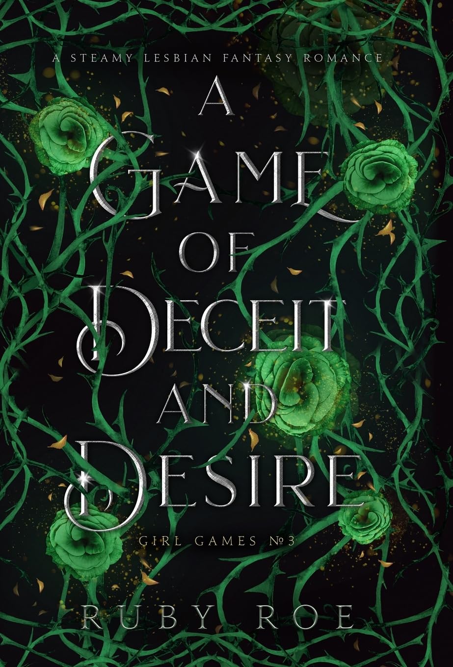 Black book cover with green roses and thorny vines winding across it
