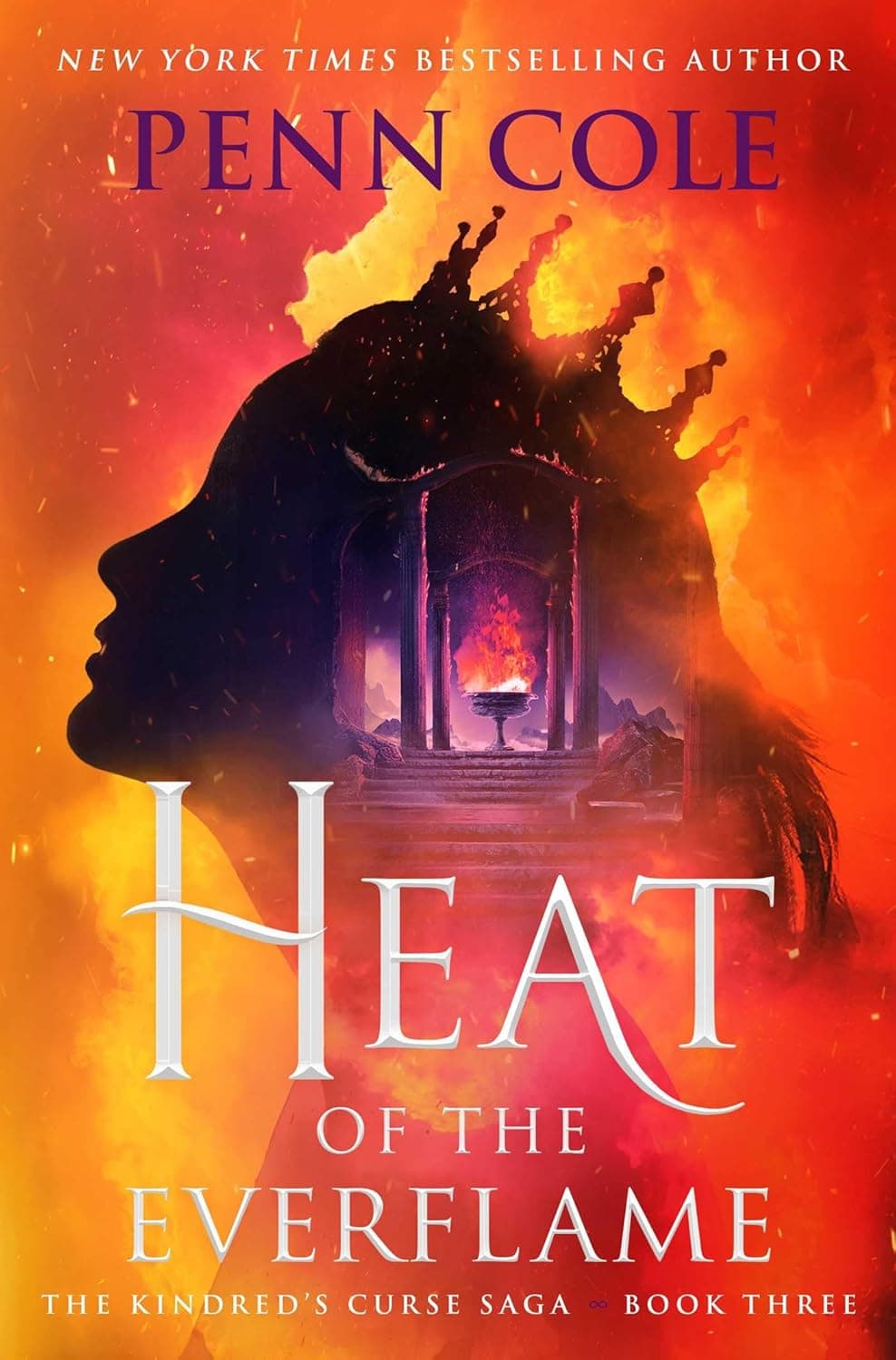 Book cover showing the silhouette of a woman's head wearing a crown backlit by sparks and flames