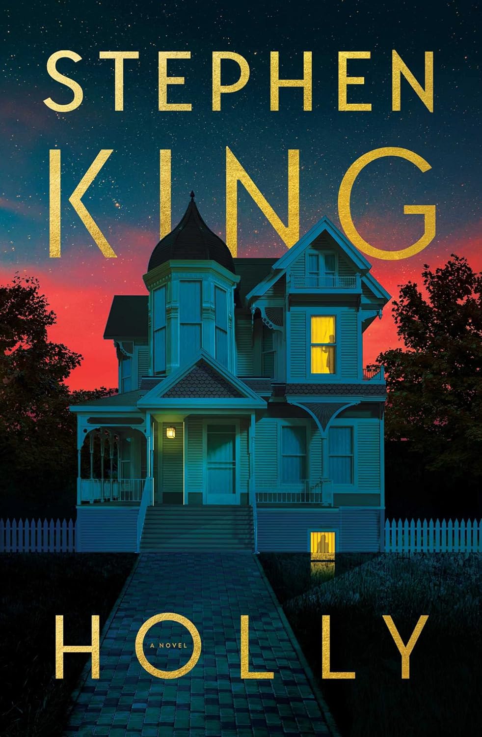 Book cover showing a shadowed house with lit windows outlined against a colorful sunset