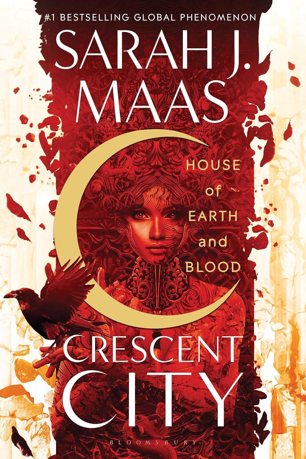 Book cover with a red stripe down the center showing a girl standing behind a crescent moon