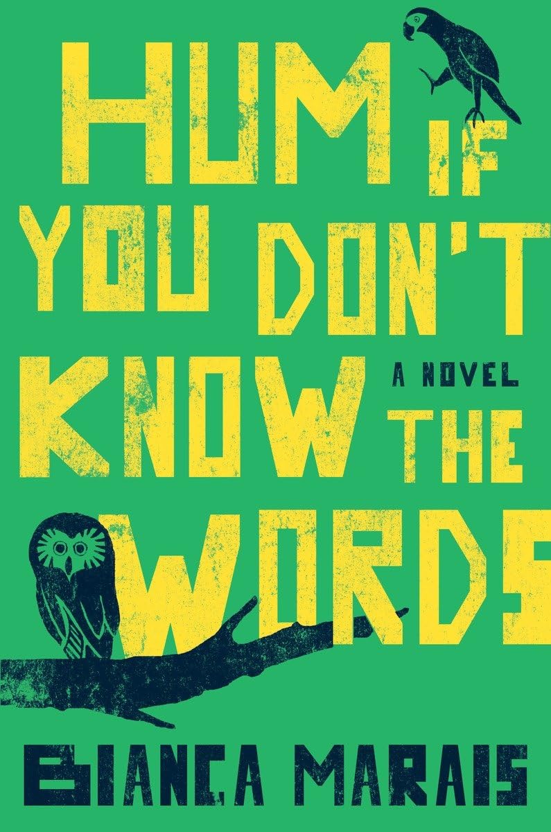 Green book cover with yellow text and a black parrot and owl perched