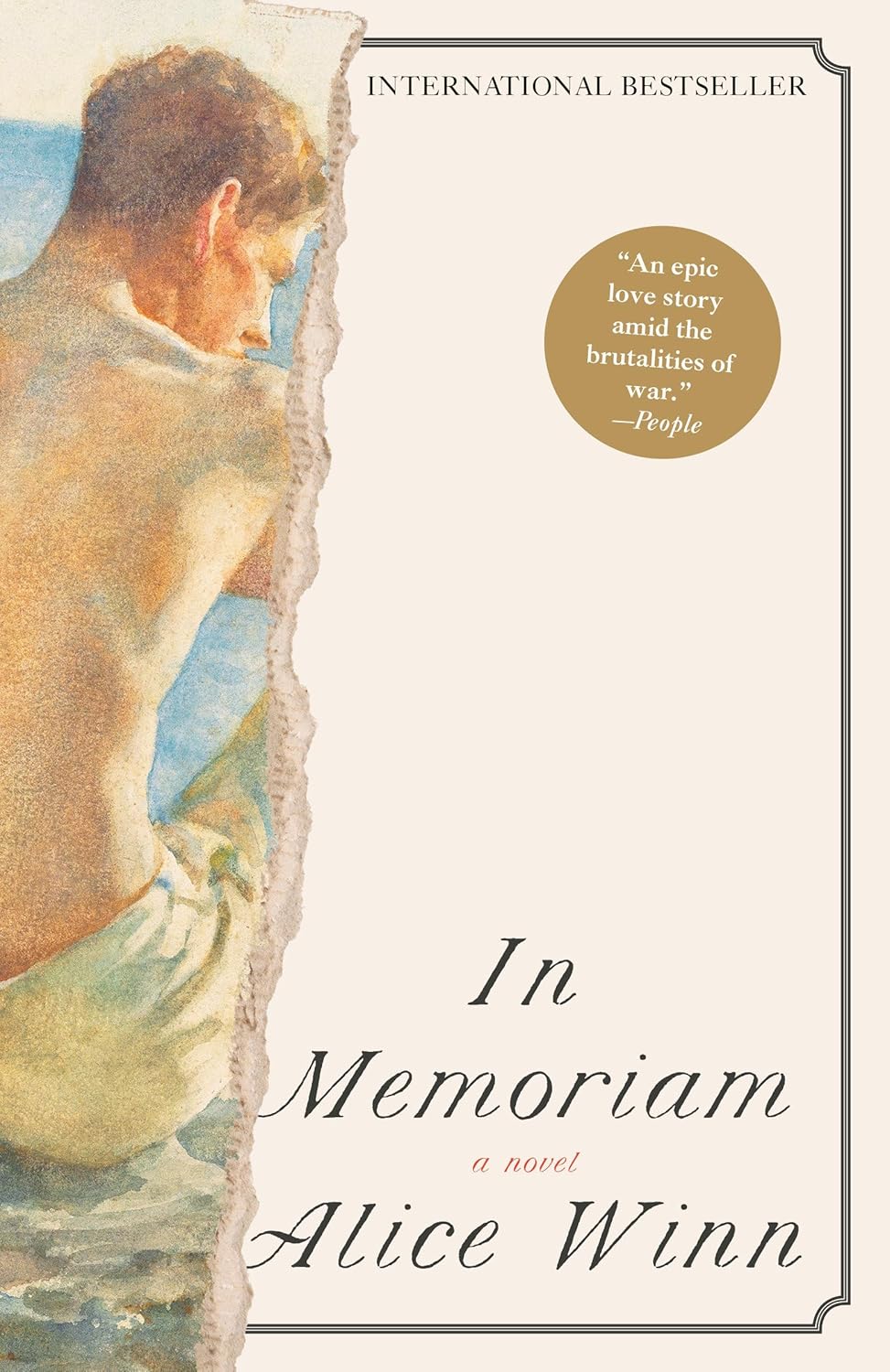 White book cover where half the cover is a torn watercolor painting of a young man in a swimsuit