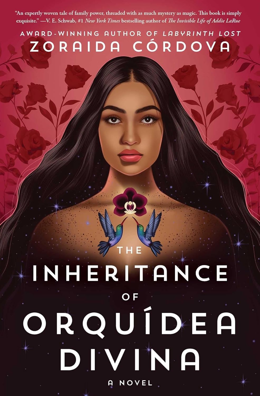 Book cover depicting a woman with long flowing dark hair and a red flower and 2 hummingbirds on her chest