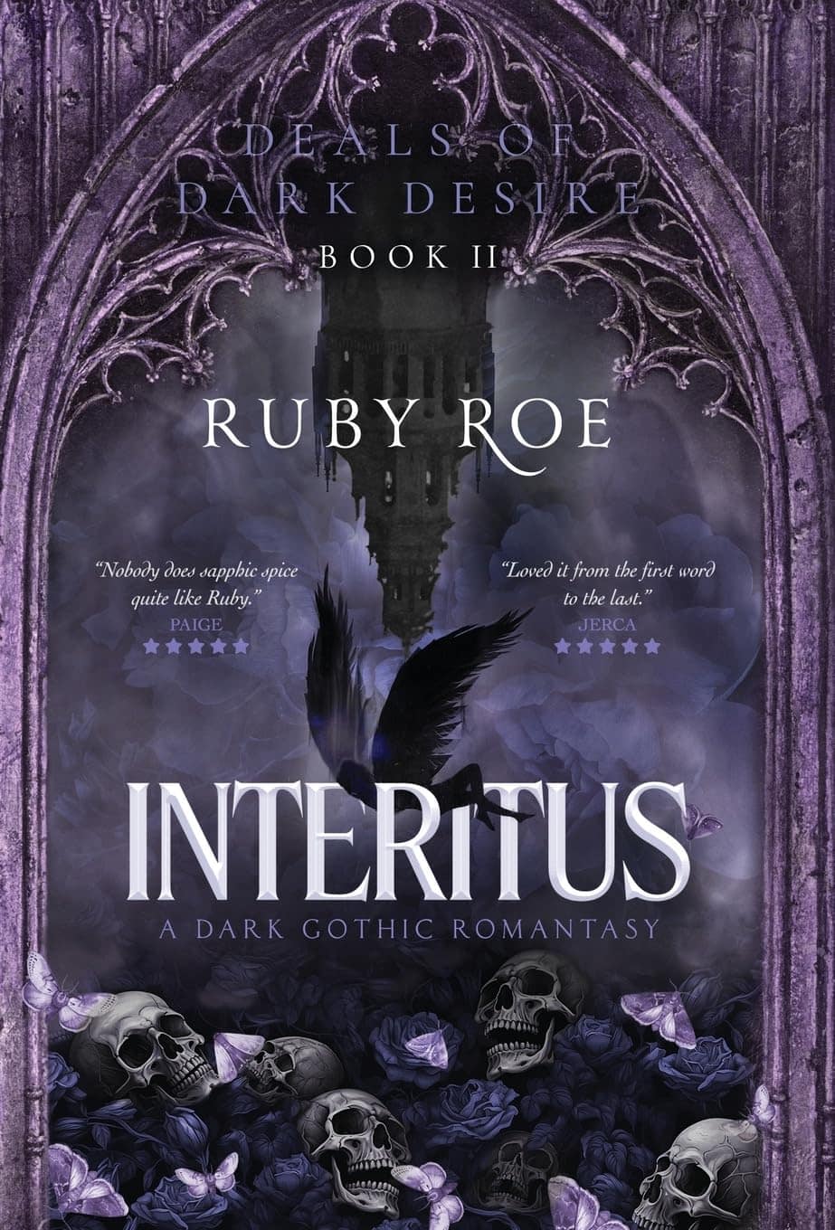 Book cover showing a purple Gothic window through which can be seen skulls, butterflies, and an angel