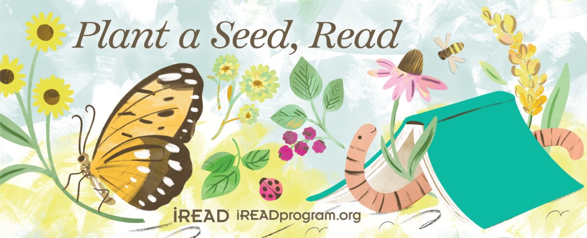 Watercolor illustration of a butterfly, plants, and a worm under a book.