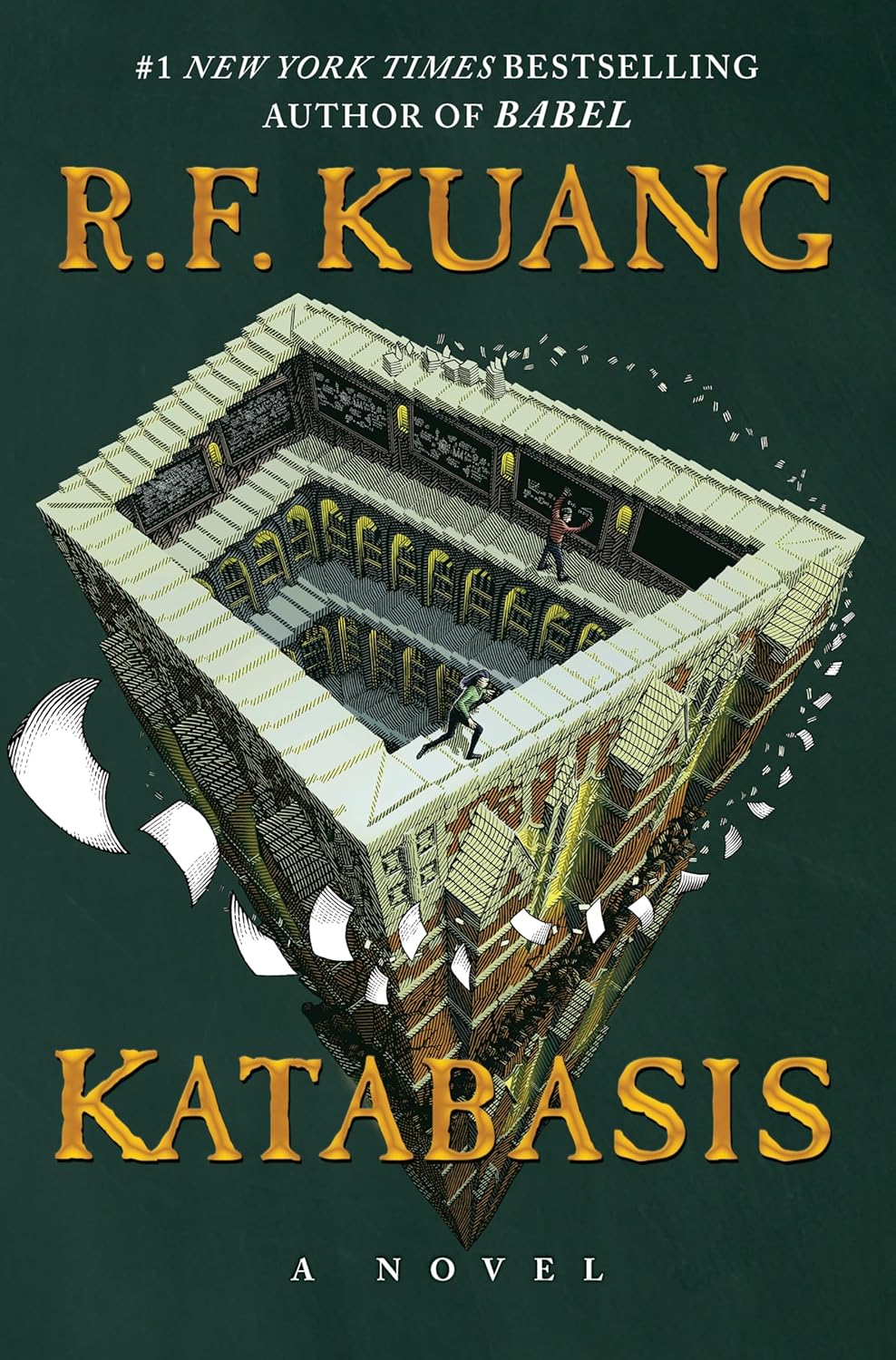 Black book cover depicting people running along staircases in an Escher-esque house