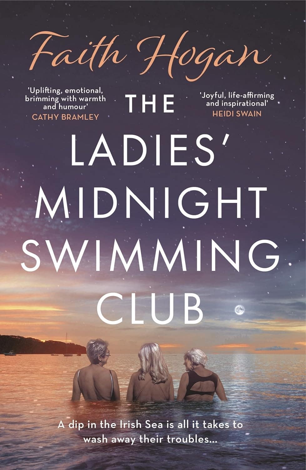 Book cover showing 3 grey-haired women standing in the ocean under a full moon