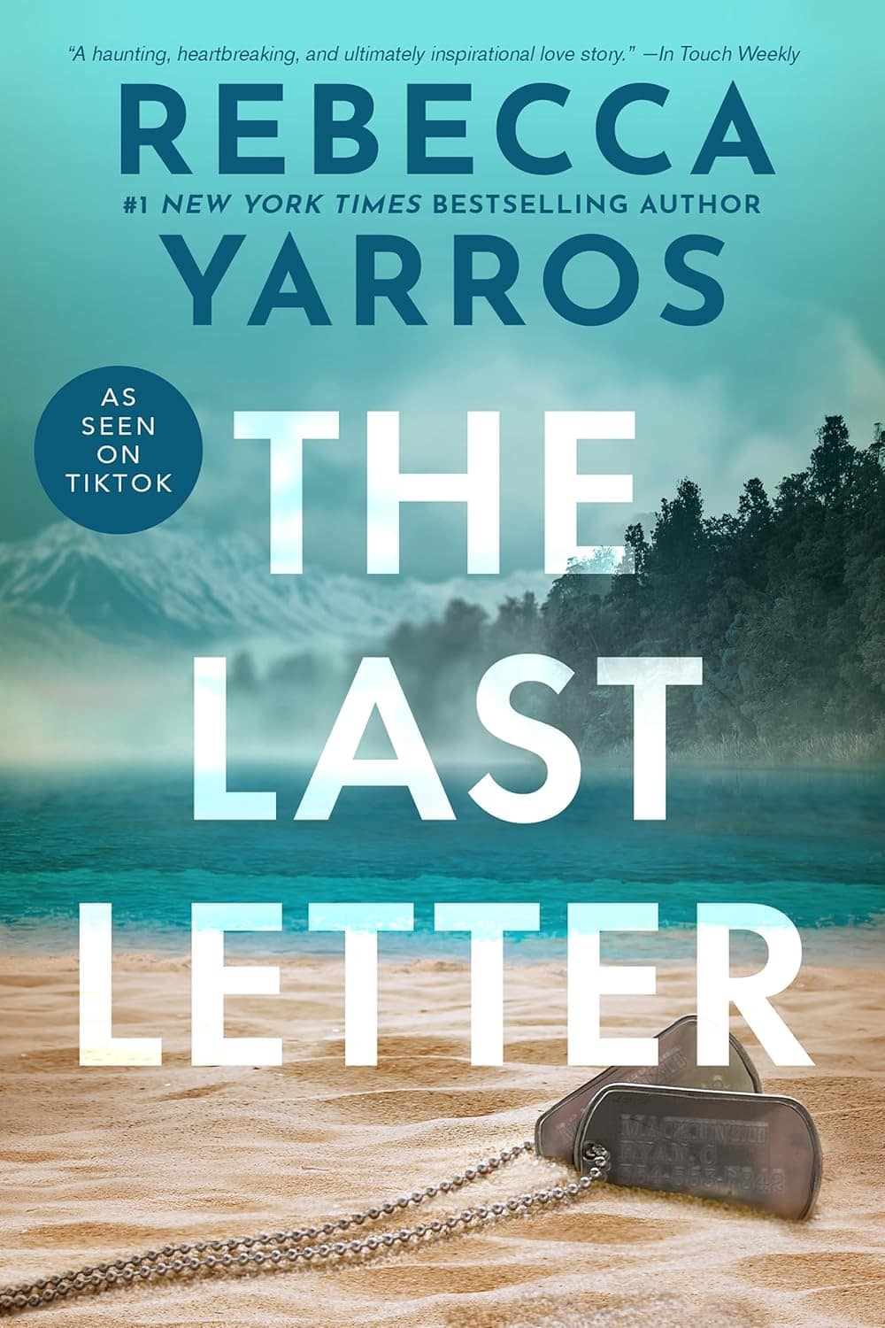 Book cover showing a beach with a close up on dogtags half buried in the sand