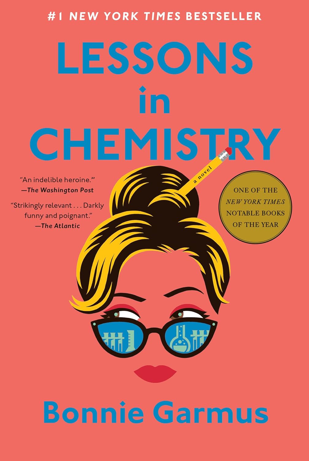 Pink book cover depicting a woman's head with a pencil sticking out of her blonde topknot and lab equipment reflected in her glasses