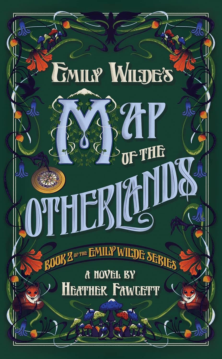 Green book cover with a twining border of vines, foxes & mushrooms