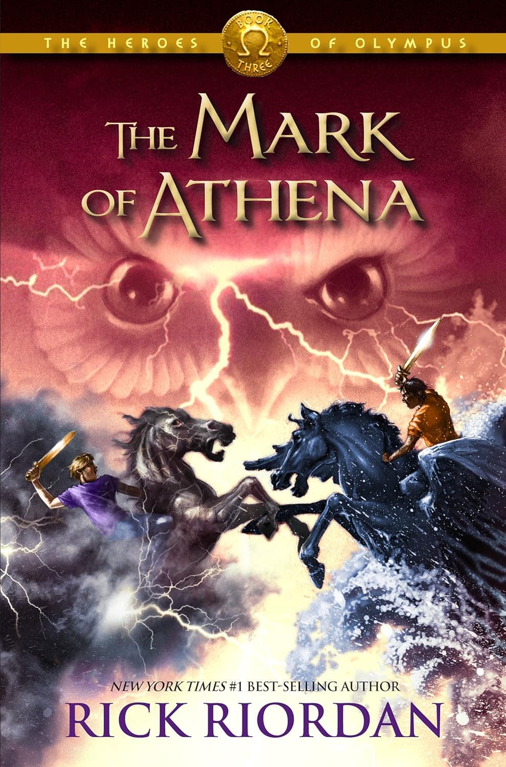 Book cover showing 2 figures on horses attacking each other with swords while owl eyes look on