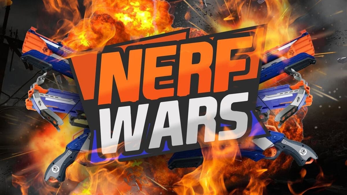 nerfwars in orange and white text with fire background.