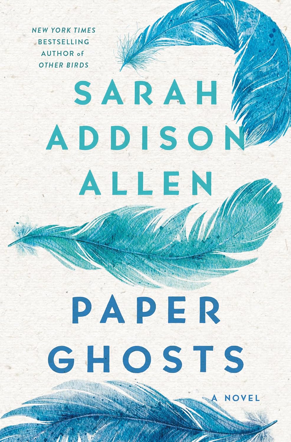 White book cover with blue feathers falling down it.