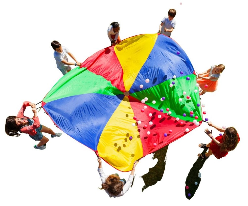 Kids playing with a multi-colored parachute and bouncy balls