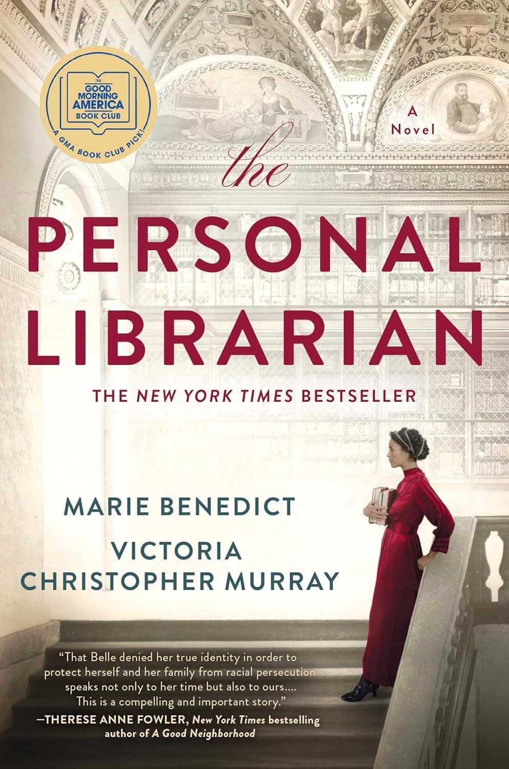 Book cover showing a woman in a red dress standing on the stairs of an old-fashioned library