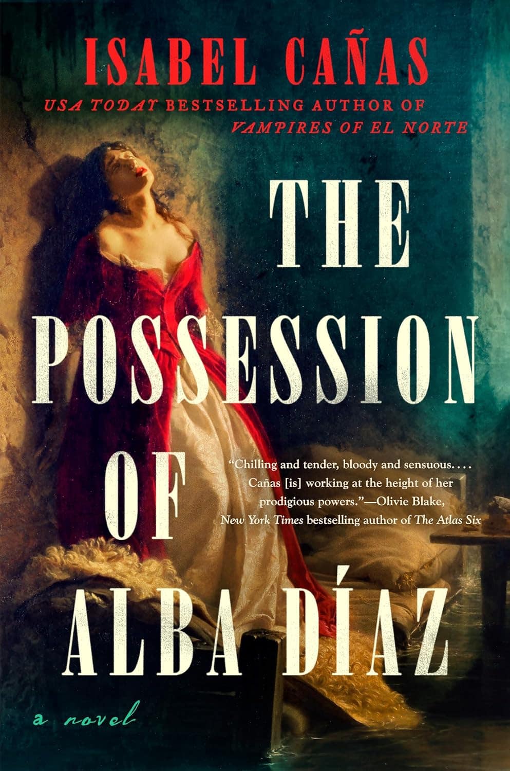 Book cover showing a woman in a red dress leaning back against a wall