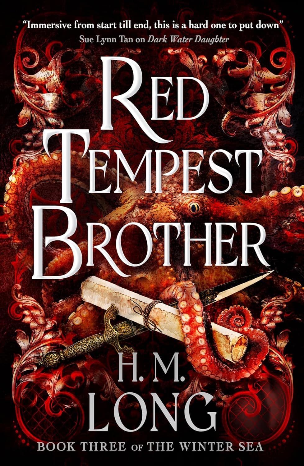 Book cover with a red octopus whose tentacles wrap around a dagger and a scroll