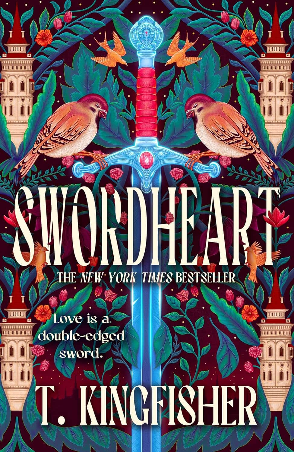 Intricate book cover with a sword in the center flanked by 2 birds, buildings, and foliage