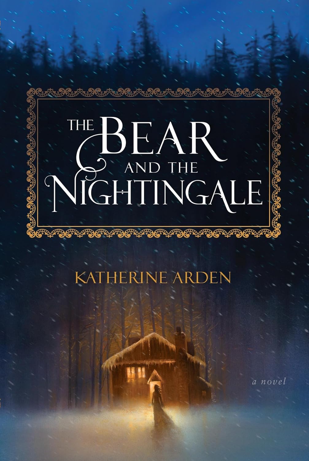 Book cover depicting a girl approaching a warmly lit cabin in snow covered woods