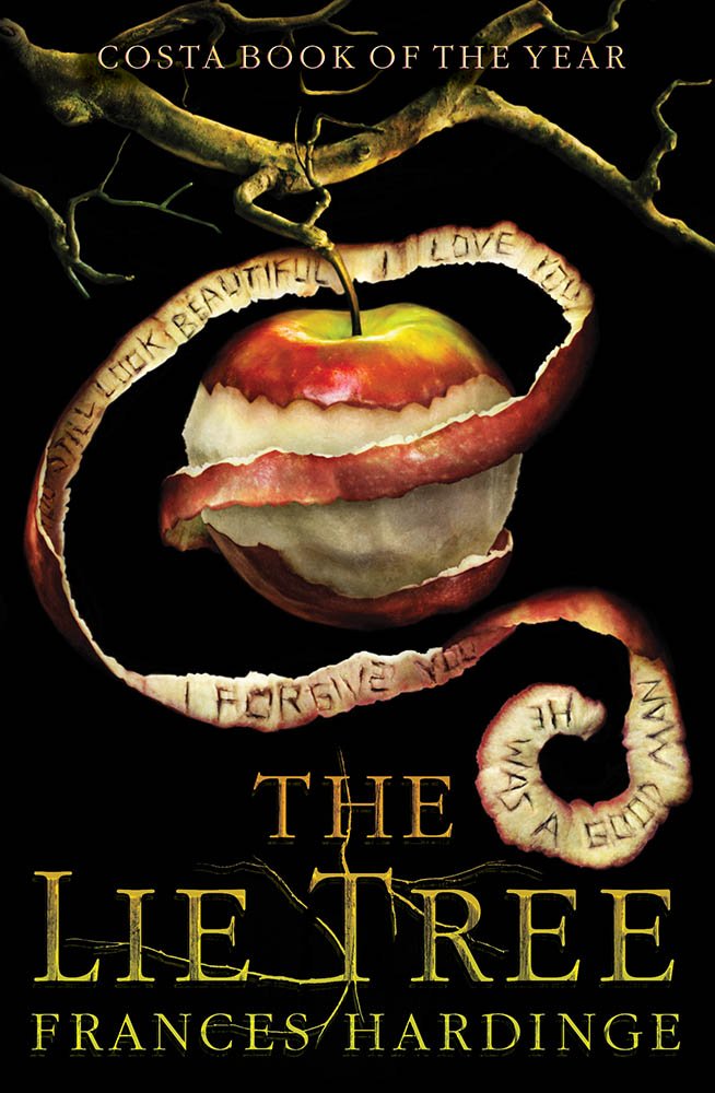 Black book cover showing an apple hanging on a branch with its peel uncoiling and writing on the inside of the peel