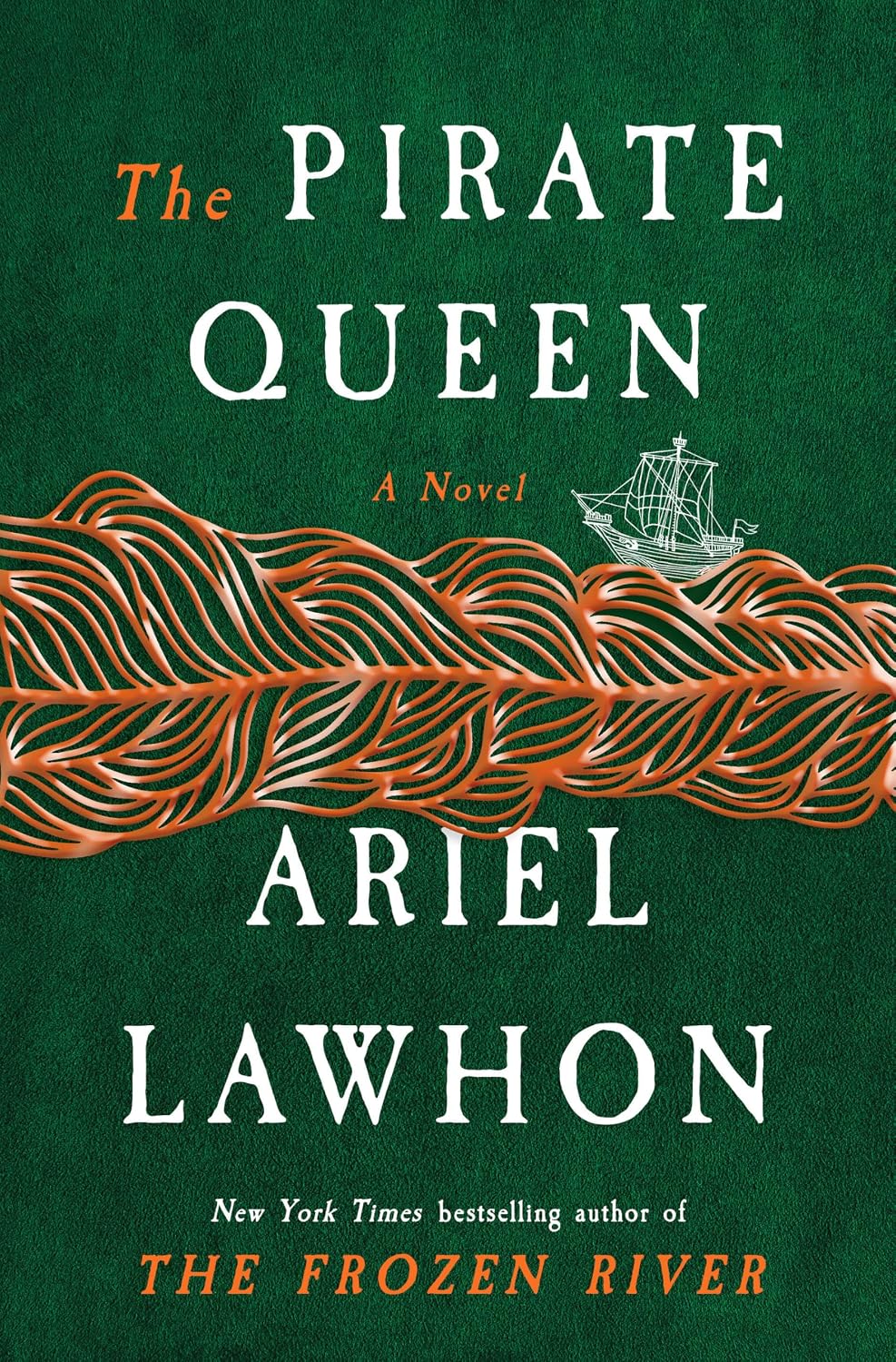 Green book cover with a copper braid running across the center on which is sailing a ship