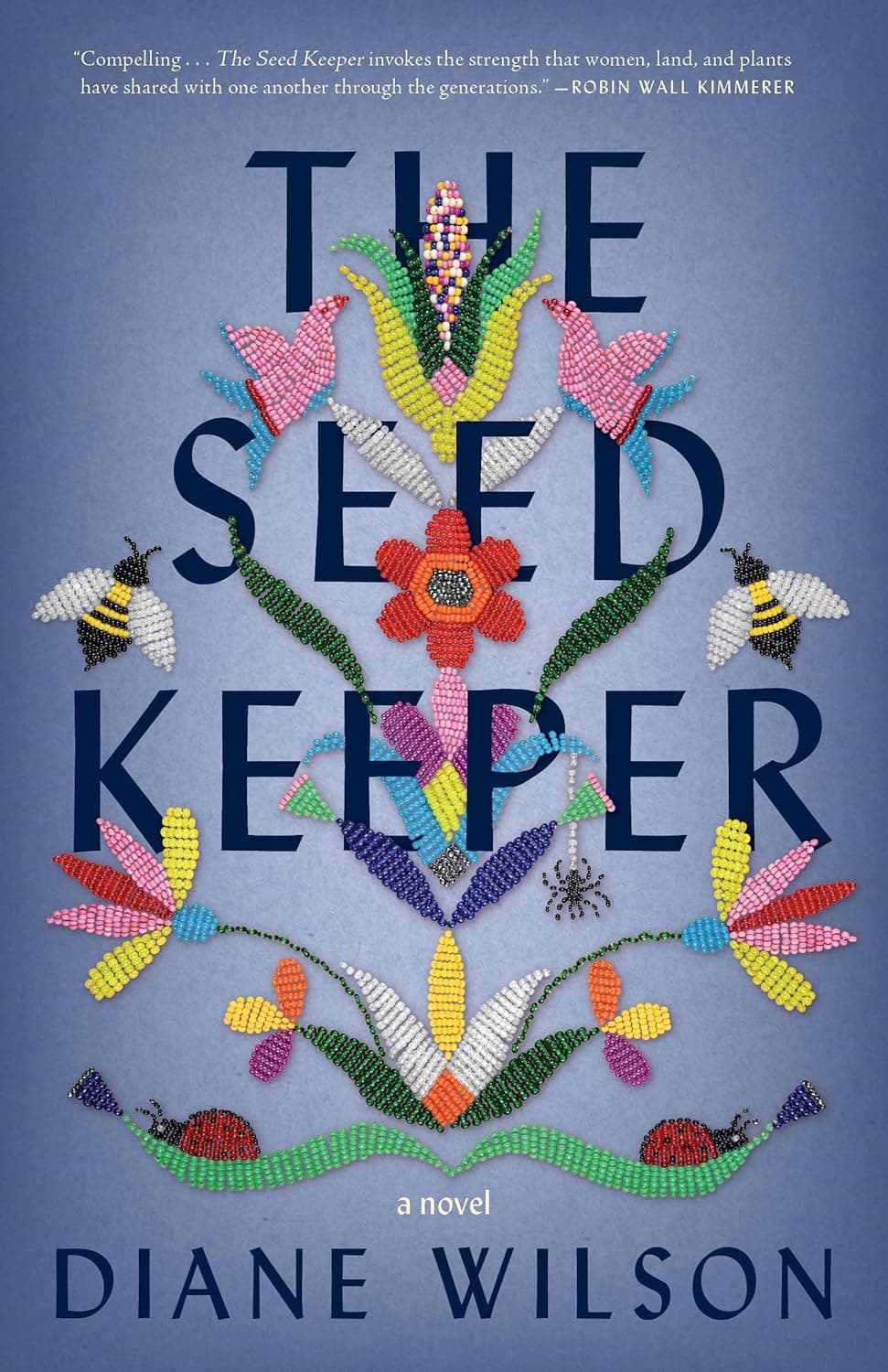 Cornflower blue book cover with flowers, leaves, bees, birds, and corn all made out of beads