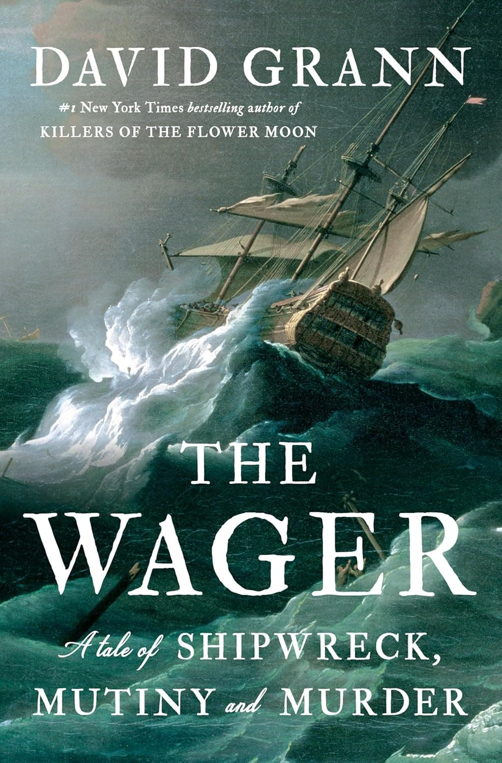 Book cover showing a stormy sea and a sailing ship being swamped by waves