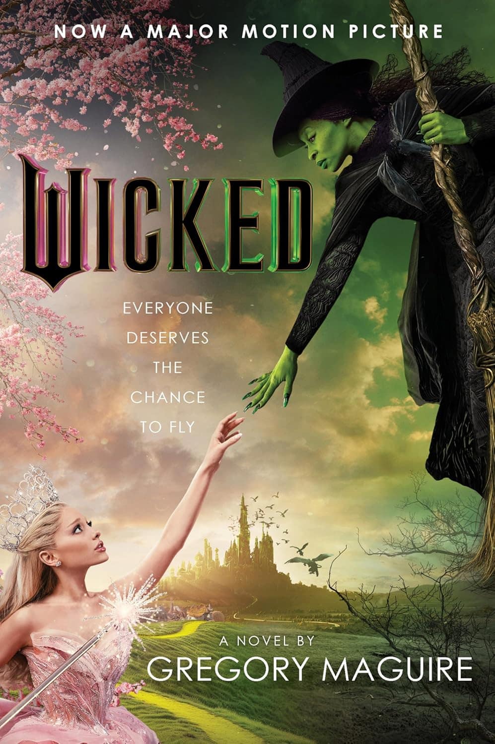 Book cover showing, in the upper right corner, a witch with green skin reaching down towards a blonde woman in a pink ballgown with a wand and tiara